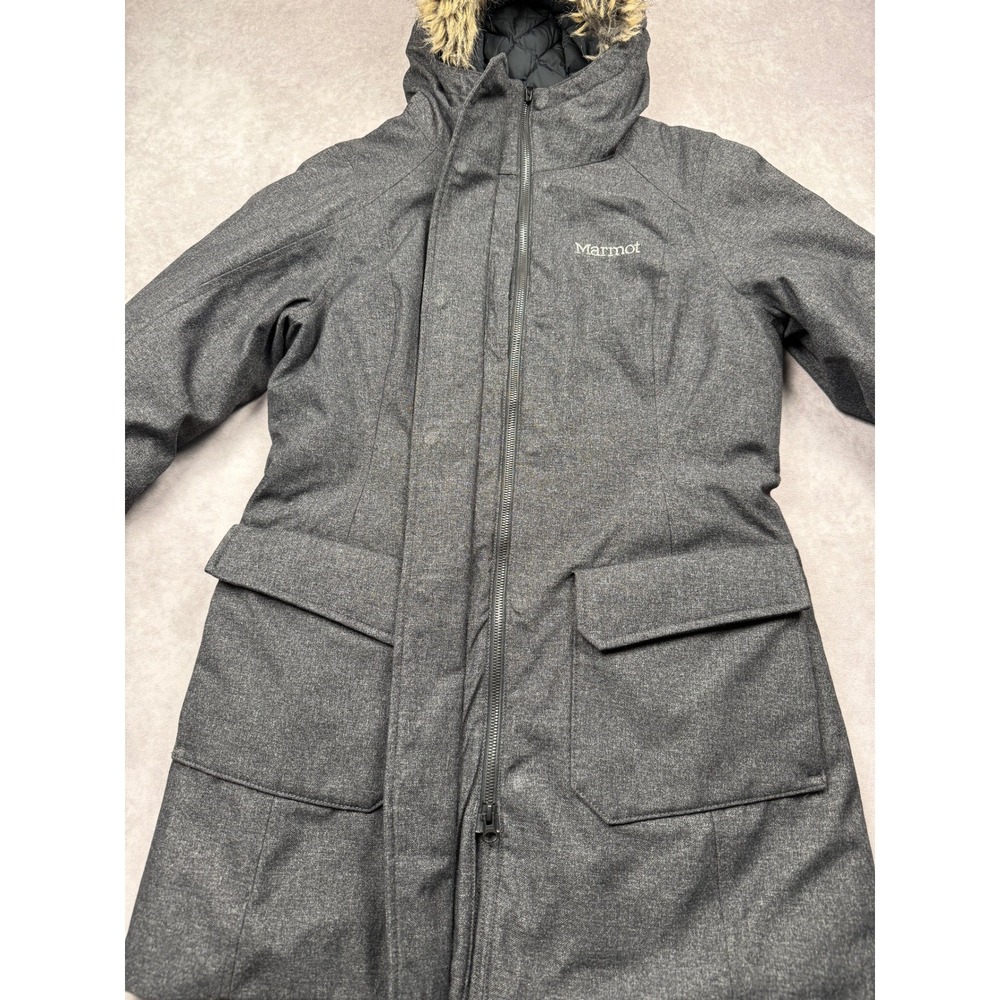 Marmot Chelsea Down Coat Gray Heathered Faux Fur Hood Waterproof Parka Womens M - Picture 11 of 16